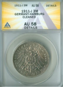 Hamburg 3 Mark 1911-J KM# 296 ANACS AU-58 Details (2228524) - Picture 1 of 4