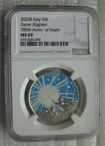 Moneda de Plata Italia 5 Euros 2023 BU 700 aniversario muerte de Dante Alighieri NGC MS69 - Imagen 1 de 4