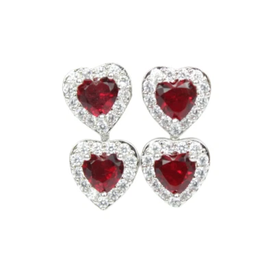 White Gold Finish Created Diamond & Red Ruby Heart Design Dangle Drop Earrings - Image 1 of 4