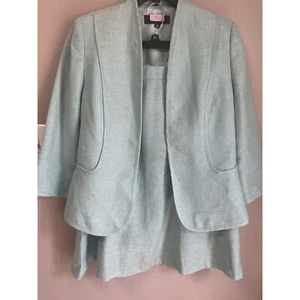 KASPER Linen Skirt Suit Women 12 Light Aqua Open Front Blazer 3/4 Sleeve Tulip - Picture 1 of 24