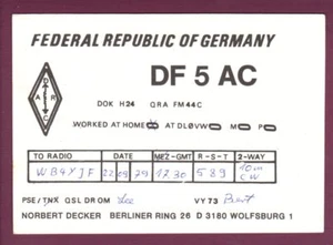 Vintage QSL Radio Card Germany DF5AC Norbert Decker Wolfsburg September 22 1979 - Picture 1 of 2