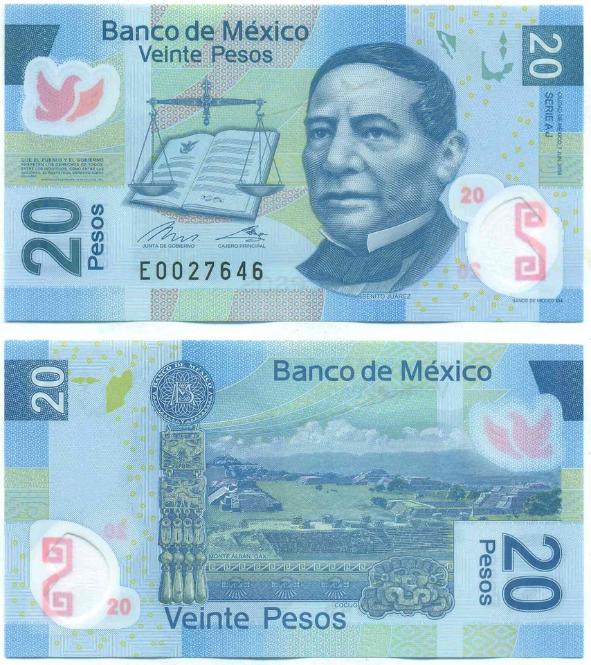 MEXICO NOTE 20 PESOS 2018 SERIAL AJ POLYMER P 122aj UNC - Image 1 of 1