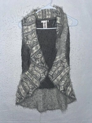 Max Studio Girls Open Cardigan M 10-12 Cable Knit Furry Aztec Fair Isle Gray - Image 1 of 4