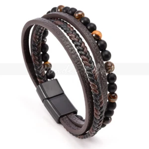 Mens Vintage Cinturino In Pelle Intrecciata Polso Marrone Corda Bracciale Bracciale Bangle - Foto 1 di 15