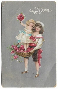 ANTIQUE Postcard Happy Birthday Children & Roses 1909 - Bild 1 von 2