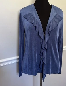 Chico's Travelers Pant Suit Women's Size 2 US Large Blue Knit Slinky Ruffles - Picture 1 of 12