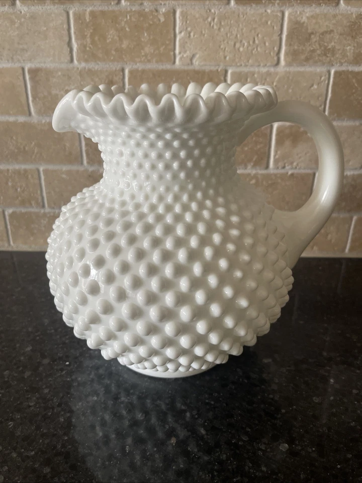 Vintage Fenton Hobnail Milk Glass Large Handled Pitcher Crimped Rim 8” - Image 1 of 4