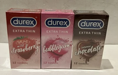 3 Durex Extra Thin Flavored Condoms,Bubblegum, Chocolate, Strawberry, 12 Per Box - Image 1 of 4