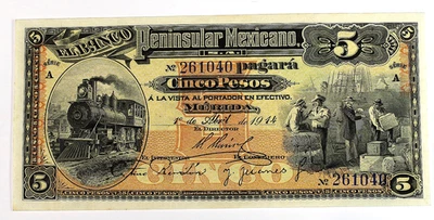 Mexico, 1914 El Banco del Penisular 5 Pesos Steam Locomotive S#465  - CU !! - Image 1 of 2