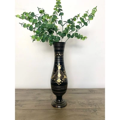 Vintage Black and Gold Etched Brass Metal Floral Pedestal Vase Boho Glam Moody - Image 1 of 4