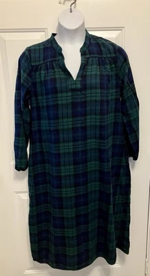 Women’s Lands End Sz Large Flannel Nightgown Navy Blue Green Plaid Long Sleeve - Image 1 of 4
