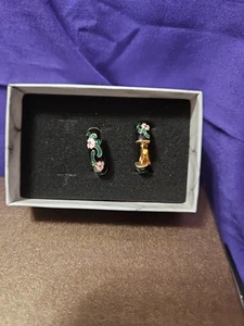 Black Cloisonne Enamel Earrings Dangle Drop Donut Costume Jewelry - Picture 1 of 3