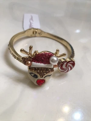 Betsey Johnson Jingle Bell Bling Winking Reindeer & Candy Heart Bangle NWT - Image 1 of 4
