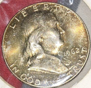 1962 50c Franklin Silver Half Dollar - Vibrant Rainbow Toning Not Scrap - Picture 1 of 5