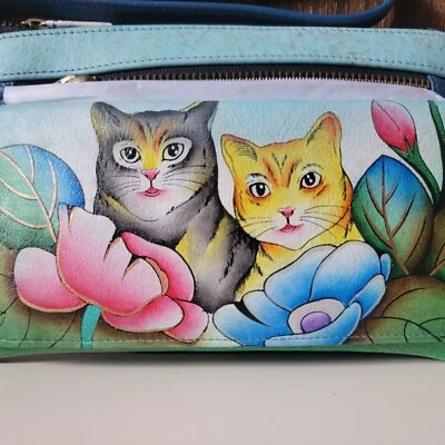 Anna by Anuschka Gatos Cuero Pintado a Mano Organizador Muñequera Cartera Foto 1 de 4