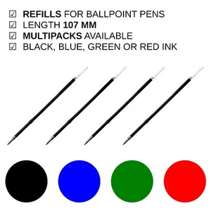 Ballpoint Pen Refills Length 107 mm Biro Pen Refills for School Office Reception - Picture 1 of 10