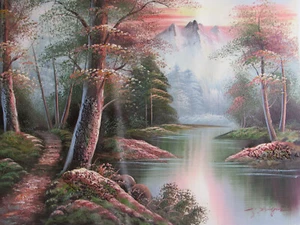 mountain landscape large oil painting canvas art forest trees river woods lake - Picture 1 of 1