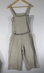 Beach Lunch Lounge Women tan Striped Linen blend Cropped Wide Leg romper SZ Med - Picture 1 of 13