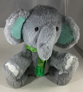 Grey Elephant Green Scarf, Ears. White accents Soft Plush. 11" tall sitting. - Picture 1 of 6