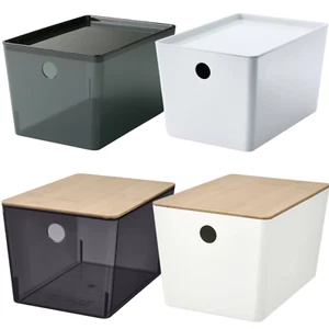 Modern Storage Box with Lid – Plastic & Wood Stackable Container 7x10 ¼x6 " - Picture 1 of 5