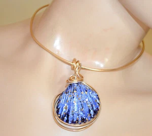 Collana donna oro dorato girocollo ciondolo fili argento conchiglia blu CX10 - Foto 1 di 2