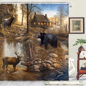 Cabin Bear Wildlife Lodge Forest Fabric Shower Curtain, Modern Rustic,70"x70-NEW - Picture 1 of 12