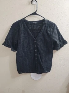 Madewell Eyelet Bell-Sleeve Summer Lace Crochet Button Down Loose Blouse, Sz XXS - Picture 1 of 8
