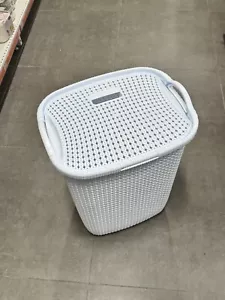 Slim Laundry Hamper, Clothes Basket, Lid, Linen Design, Plastic - Picture 1 of 3