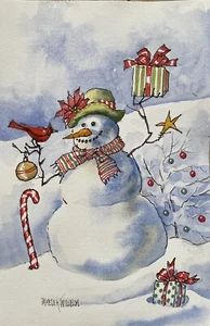 6X9 Original Pamela Wilhelm Ink Watercolor Snowman SnowWoman Christmas Cardinal - Picture 1 of 2
