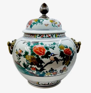 Barattolo giapponese Kutani Imari Kozara manici ottone finitura bronzo inizio XX secolo - Foto 1 di 11
