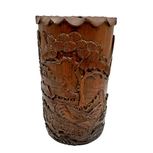 Antique Vintage Asian Carved Scholar Brush Pot Scenic Chinese Japanese 6" - Picture 1 of 10