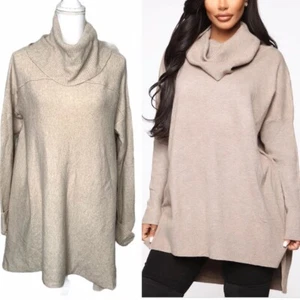 Rachel Zoe tan nude cowl neck sweater wool blend M oversized asymmetrical hem - Bild 1 von 8
