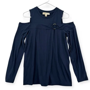 Michael Kors Cold Shoulder Top Womens Medium Long Sleeve Ring Detail Navy NWT - Picture 1 of 7