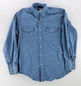 Wrangler Pearl Snap Denim Chambray Button Up Shirt Blue Mens L - Picture 1 of 7