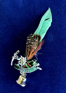 VINTAGE LIECHTENSTEIN SOUVENIR TRAVEL PIN BADGE/ EDELWEISS/PICK AXE/BELL DANGLER - Picture 1 of 2
