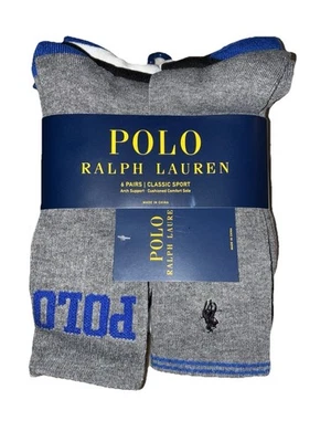 Polo Ralph Lauren Crew Socks Men’s 6-12.5 Black Gray White Logo Pony 6 Pairs NEW - Image 1 of 4