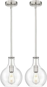 Emak 8" Brushed Nickel Pendant Light 2 Pack, Clear Glass Hanging Lamps Modern - Picture 1 of 8