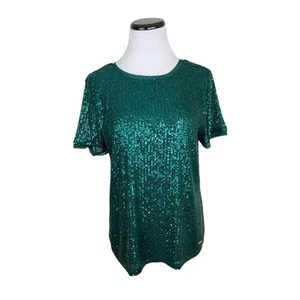 Blusa Top Anne Klein Lentejuelas Manga Corta Cuello Redondo Verde Talla Mediana - Imagen 1 de 5