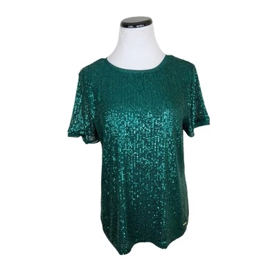 Anne Klein Sequin Short Sleeve Blouse Top Crew Neck Green Size Medium  - Image 1 of 4