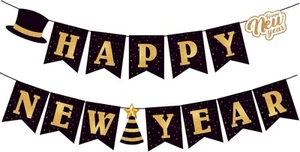 Happy New Year 2025 Banner, Black and Gold Party - Picture 1 of 8