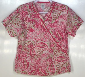 Scrub Top womens size S Small by Med Couture pink green white Flowers Foliage - Picture 1 of 4