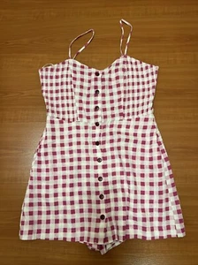 Zara Pink Gingham Checked Buttoned Linen Jumpsuit Dress Sz Small - Picture 1 of 4