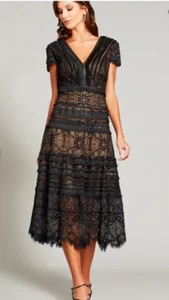 Tadashi Shoji Women's Sz 10 V-Neck Lace Fringe Trim Midi Black/Nude Dress - Picture 1 of 19