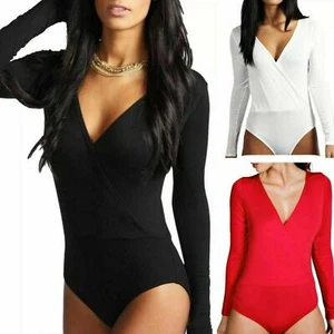 Ladies Womens Long Sleeve Wrap Over Plunge V Neck Stretch Leotard Bodysuit Top - Picture 1 of 4
