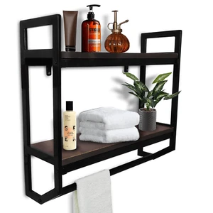 2-Tier Industrial Bathroom Shelf 23.6 Inch, Wall Mount Floating Storage Shelf - Picture 1 of 7
