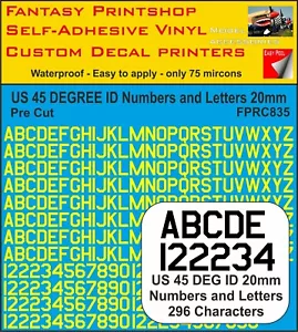 RC Vinyl Aufkleber US 45 GRAD ID BUCHSTABEN ZAHLEN 20mm VORGESCHNITTEN FPRC835 GELB - Bild 1 von 3
