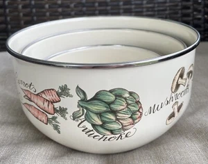 Vintage Mushrooms Vegetables Enamelware Nesting Mixing Bowls Set Of 3 Cookware - Picture 1 of 19