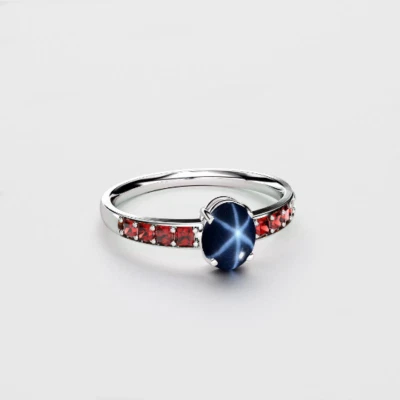 Genuine Blue Star Sapphire Ring Sterling Silver 925 / Natural Garnet / Round-Cut - Image 1 of 2
