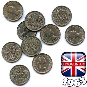 Set of (x10) BRITISH 1963 ELIZABETH II SIXPENCE 6d coins, 62 Years Old! - Picture 1 of 1