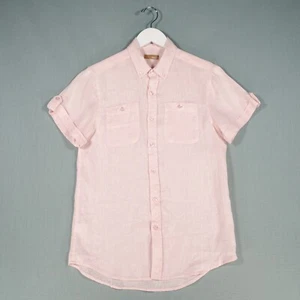 Bruno Linen Shirt Mens Small Pink Button Down Pin Roll Short Sleeve Holiday Top - Picture 1 of 17
